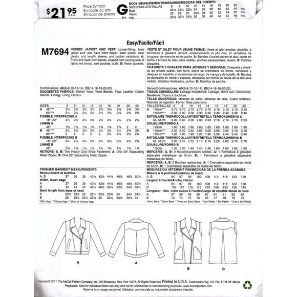 McCall's M7694 Misses 14 to 22 Jacket and Vest Melissa Watson Sewing Pattern New - Picture 2 of 2